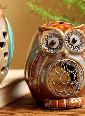 风陶瓷复古风釉面猫头鹰烛台复古