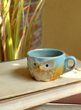 卡通风猫头鹰陶瓷情侣杯装饰摆件