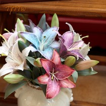 Upscale 3D Lily Flower Emulation Flower Art Plastic Fake Flowers Water Washed Table Silk Bouquet Garning-room Wedding Decoration