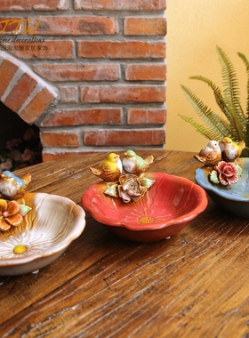 欧式花朵陶瓷烟灰缸皂托收纳小鸟