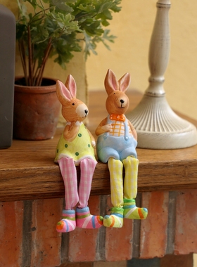 田园色彩手绘陶土兔子装饰摆件