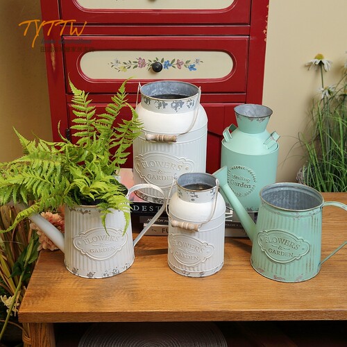 田园复古做旧花桶美式铁皮花瓶铁艺花盆花器花店插花花筒摆件 - 图0