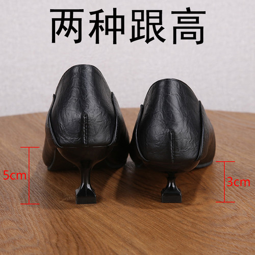 软皮工作鞋女黑色久站不累脚尖头职业单鞋女舒适气质高跟鞋女细跟 - 图2