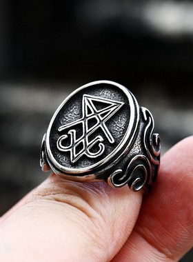 欧美复古做旧钛钢指环 Lucifer路西法撒旦男士不锈钢戒指 小众
