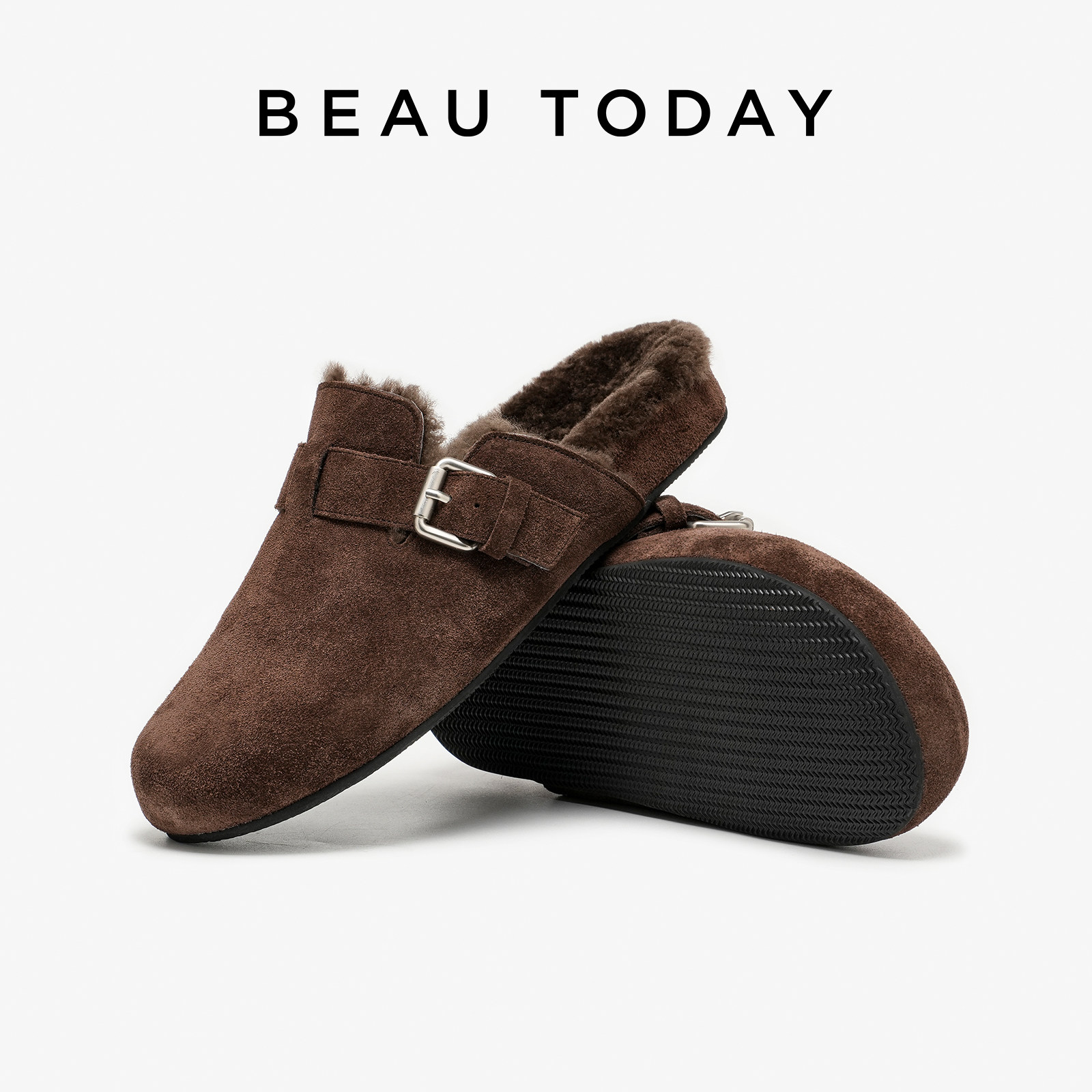 BeauToday羊毛复古勃肯鞋女秋冬平底穆勒鞋棉鞋女加厚毛毛鞋拖鞋,淘宝优惠券,粉丝福利购,淘宝优惠卷