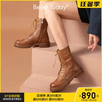 BeauToday Spring Autumn New Martin Boot Women Inron Wind Inn Wind Inn Boots Genuine Leather Retro Medium Cylinder Coarse Heel Single Boots