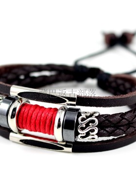 韩版时尚风皮质黑色编织配饰手绳