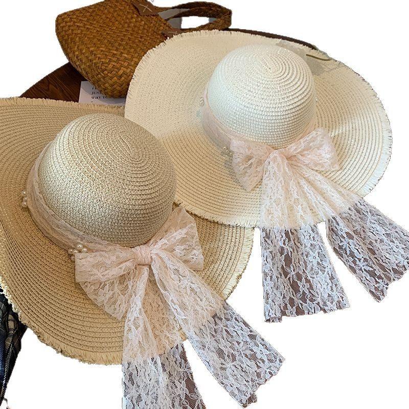 2025新款草帽女蕾丝蝴蝶结夏季法式大帽檐遮阳防晒帽沙滩太阳帽子,淘宝优惠券,粉丝福利购,淘宝优惠卷
