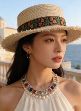 复古波西米亚平沿防晒草帽女