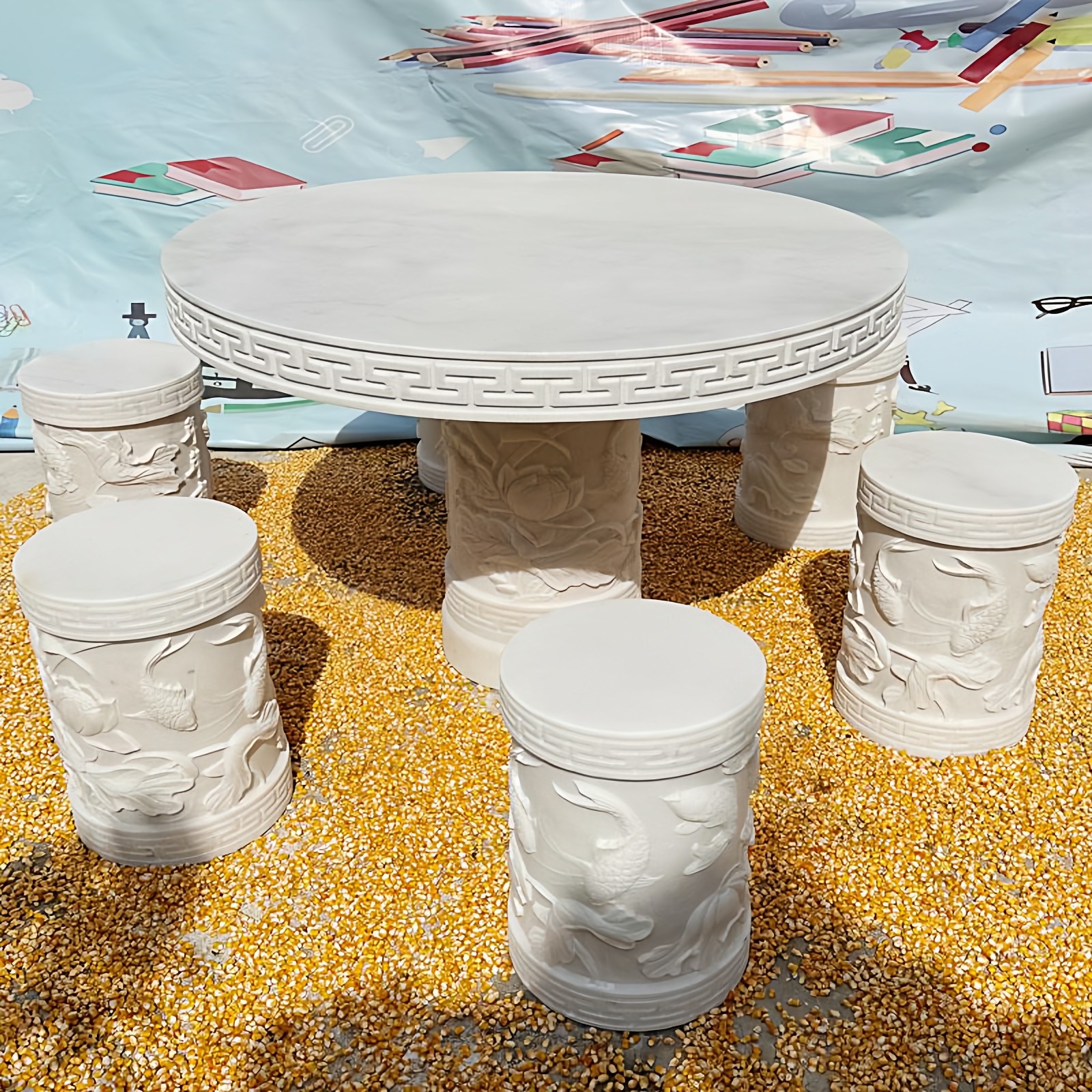 石雕天然汉白玉石桌石凳庭院荷花鱼仿古室外圆桌子茶台庭院一套,淘宝优惠券,粉丝福利购,淘宝优惠卷
