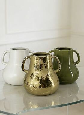 花瓶双耳绿植插花瓶家居客厅茶室玄关摆件陶瓷花器复古镀金花器