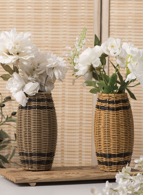 塑料仿藤花瓶纯手工编织摆件桌面装饰收纳瓶创意插花花瓶家居饰品