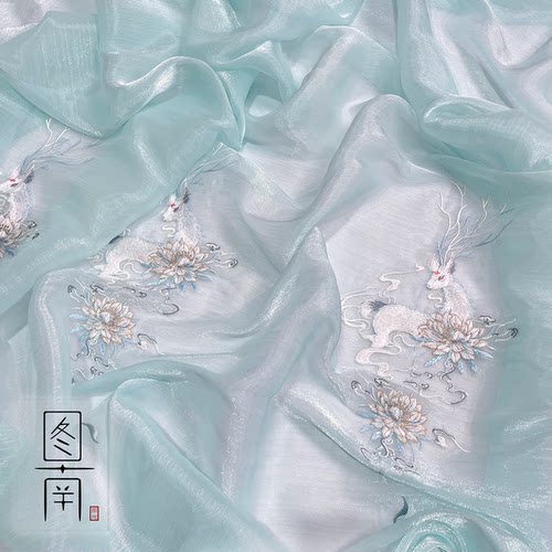 图南古风汉服欧根纱昙花重工绣花布料马面褶裙中国风设计师面料 - 图0