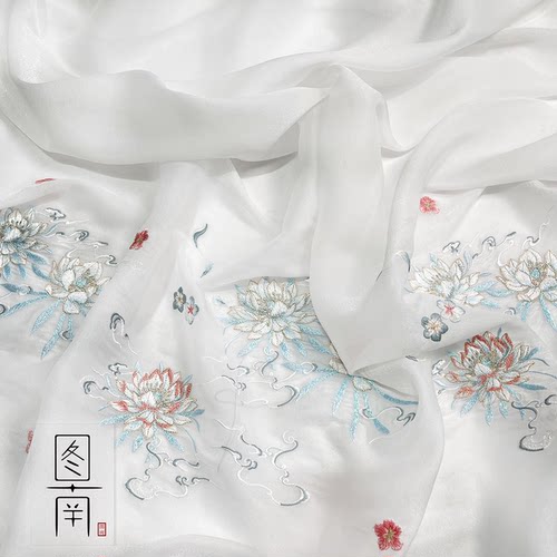 图南古风汉服欧根纱昙花重工绣花布料马面褶裙中国风设计师面料 - 图2