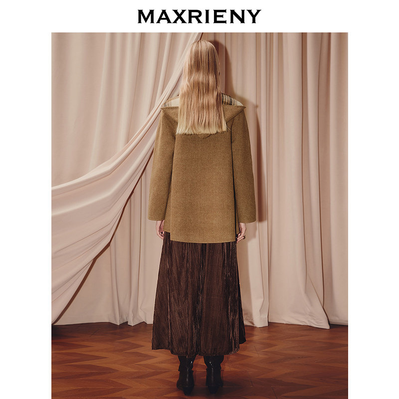 MAXRIENY格纹围巾领羊毛大衣25冬款乡村巴恩风穿搭H型廓形外套女,淘宝优惠券,粉丝福利购,淘宝优惠卷