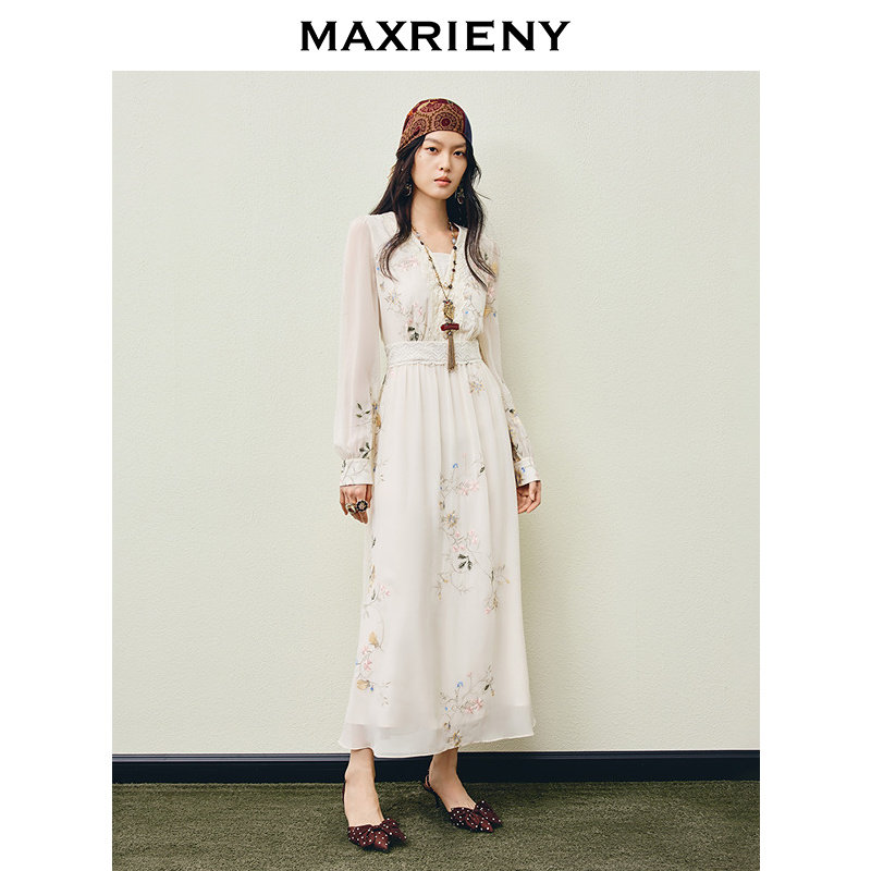 MAXRIENY米白色连衣裙2026年春季新款蕾丝花卉刺绣收腰雪纺裙子,淘宝优惠券,粉丝福利购,淘宝优惠卷