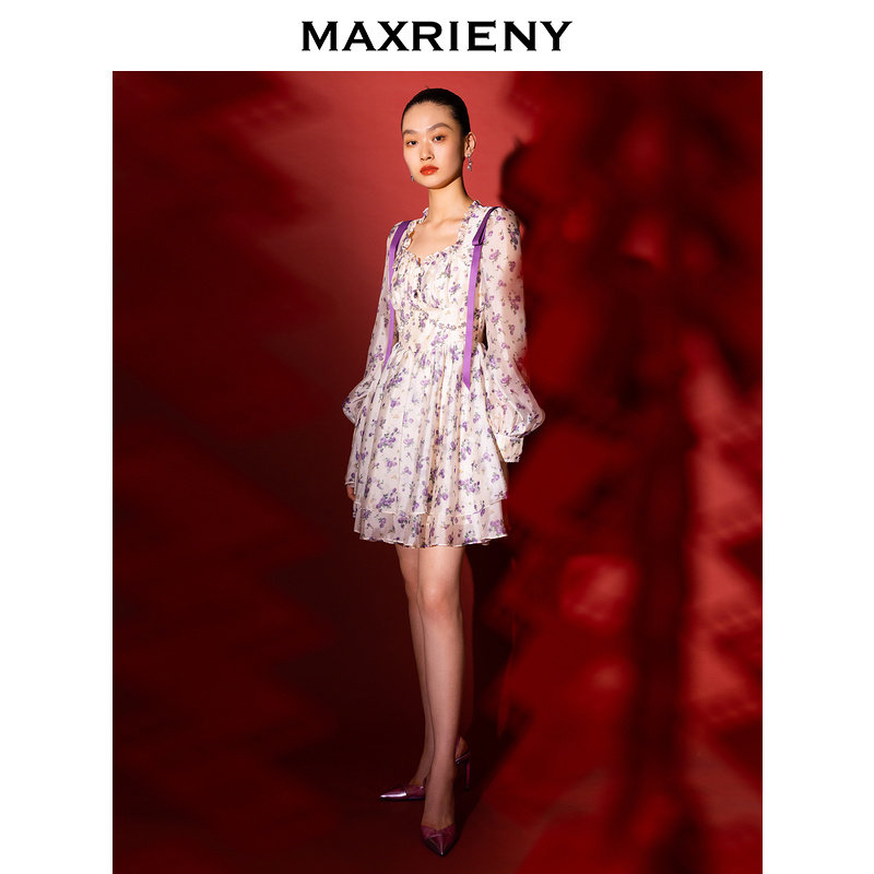 【紫玫瑰印花裙】MAXRIENY夏季商场同款甜美少女感蓬蓬连衣裙,淘宝优惠券,粉丝福利购,淘宝优惠卷