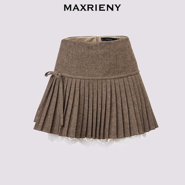 MAXRIENY wave-style palace pleated lace skirt with bow tie