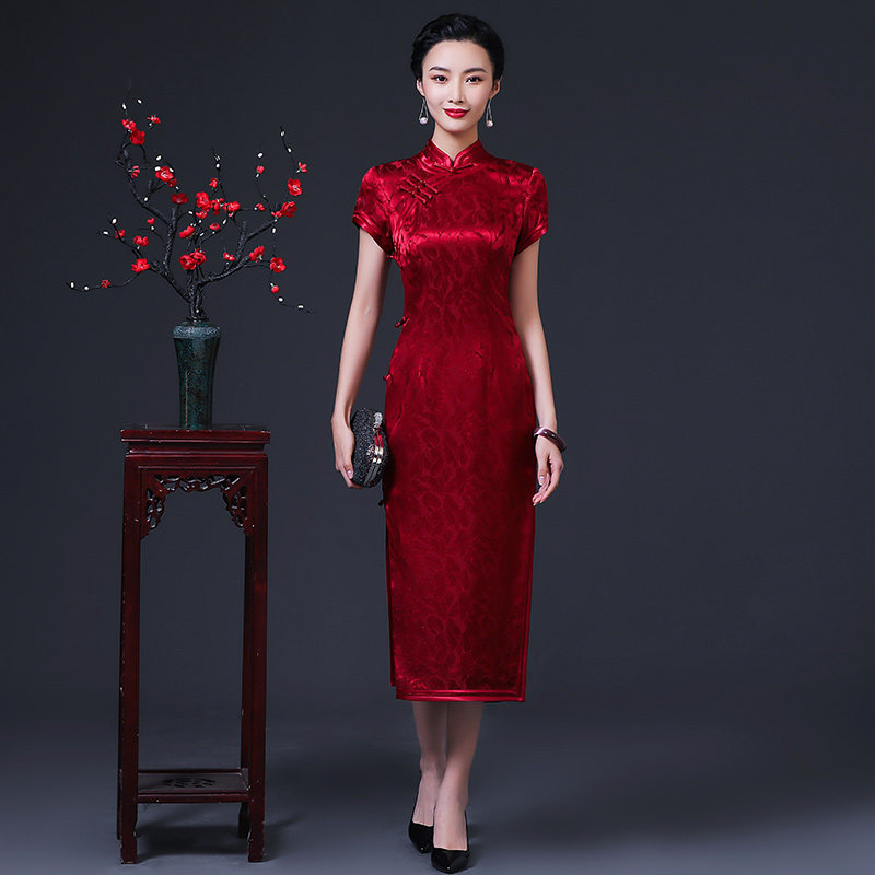 复古桑蚕丝酒红色婚礼宴会妈妈旗袍 lanyuexingchen服饰旗袍