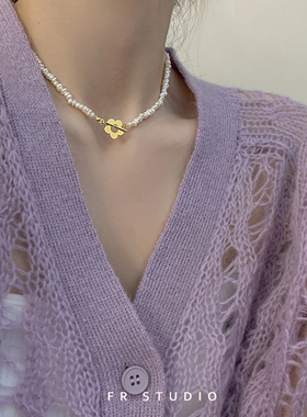 天然珍珠花朵OT扣锁骨项链颈链女