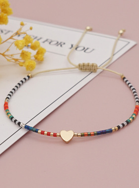 ins日韩小清新DB米珠小手链桃心串珠学生闺蜜友谊礼物编织手绳女