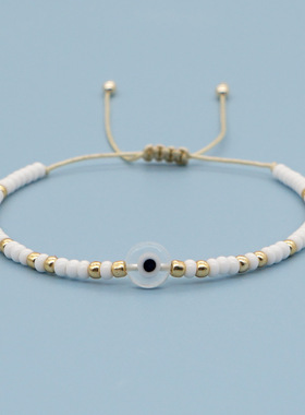 欧美ins风个性白色琉璃扁眼睛 白色米珠女手链简约可调节手绳女生