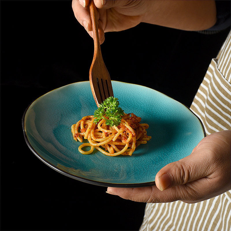 ins蓝色网红风陶瓷餐盘西餐厅牛排盘冰裂釉异形家用菜盘盘子瑕疵-图0