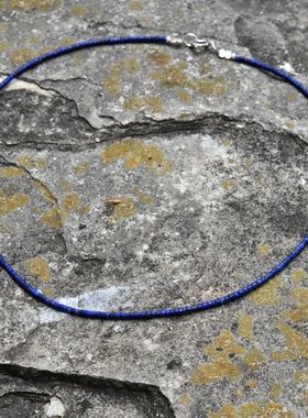 女士进口天然原矿细致圆管桶珠青金石颈链锁骨项链925银配件搭扣