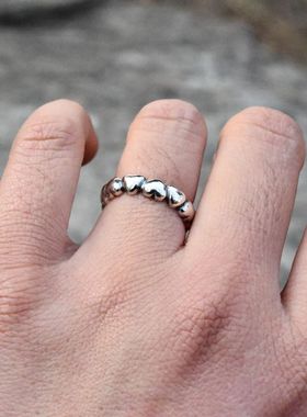 泰国进口女士ins复古做旧小爱心泰银戒925纯银心连心简约甜美指环