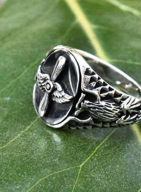 泰国进口男女款朋克欧美雄鹰标志空军螺旋桨泰银戒指925纯银指环