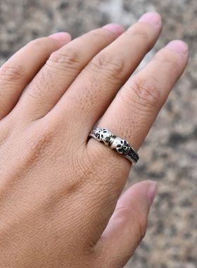 泰国进口男士朋克哥特款凿面陨石面双骷髅头泰银戒指925纯银指环