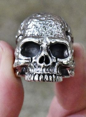 泰国进口男士朋克机车凿面裂痕骷髅头泰银戒指925纯银哥特风指环