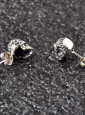 泰国进口男女复古朋克款印第安纹立体骷髅头泰银耳钉925纯银耳饰