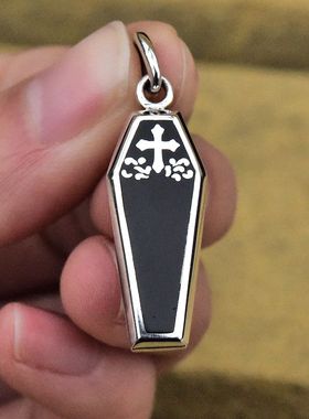 GV男女潮款复古哥特风烤漆十字架封印棺材板泰银吊坠925纯银挂件