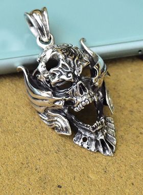 泰国进口男士潮朋克重工克劳德云狼泰银吊坠925纯银面具项链挂件