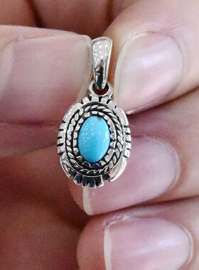 进口女士925纯银绿松石椭圆吊坠