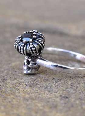 进口女士925纯银哥特骷髅头戒指
