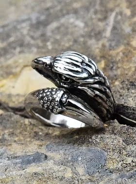 泰国进口男女复古朋克鹰爪鹰头开口泰银戒925纯银重工指环可调节