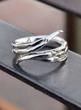 男朋克哥特款恶魔与天使之翼开口泰银戒指925纯银翅膀情侣对戒