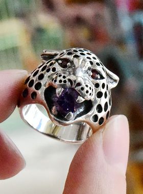 进口男女款925纯银镶钻豹头戒指