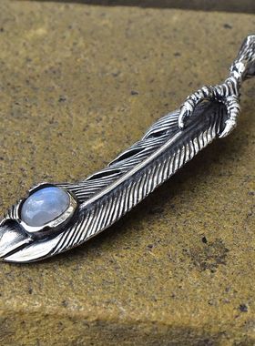 进口925纯银镶嵌月光星光石印第安雄鹰羽毛男女朋克吊坠欧美挂件