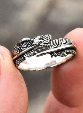 进口女士925纯银镶钻羽毛小戒指