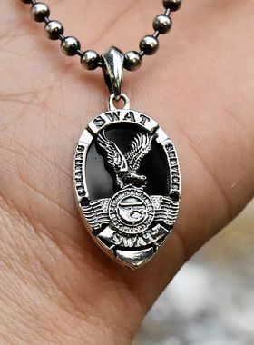 进口男925纯银黑玛瑙夹片美国S.W.A.T特警队老鹰标志泰银吊坠挂件