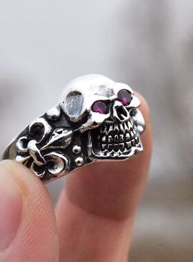 进口骷髅头男士925纯银机车指环