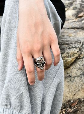 男士朋克风五芒星骷髅头纯银戒指