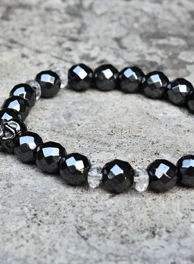 日系进口全镀黑合金骷髅头切面灰铁矿圆珠子白水晶间隔珠哥特手链
