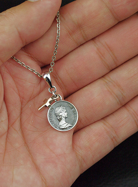 泰国进口女士复古925纯银十字架伊丽莎白二世头像小圆牌吊坠挂件
