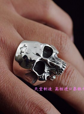 进口男士925纯银朋克大颗骷髅戒