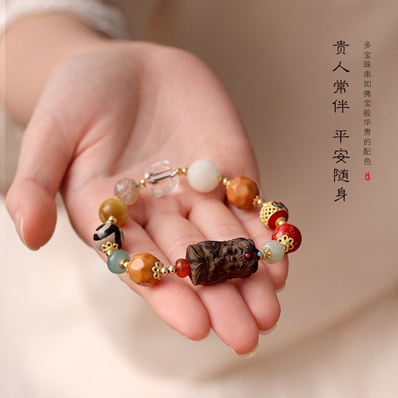 进口民族风多宝水晶复古手串藏式扎基拉姆黑柿木新中式国风手串女 - 图0