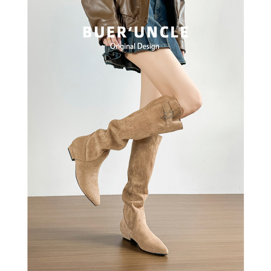 羊皮版~慵懒感长筒靴女秋冬季复古堆堆靴法式尖头显瘦高筒靴长靴